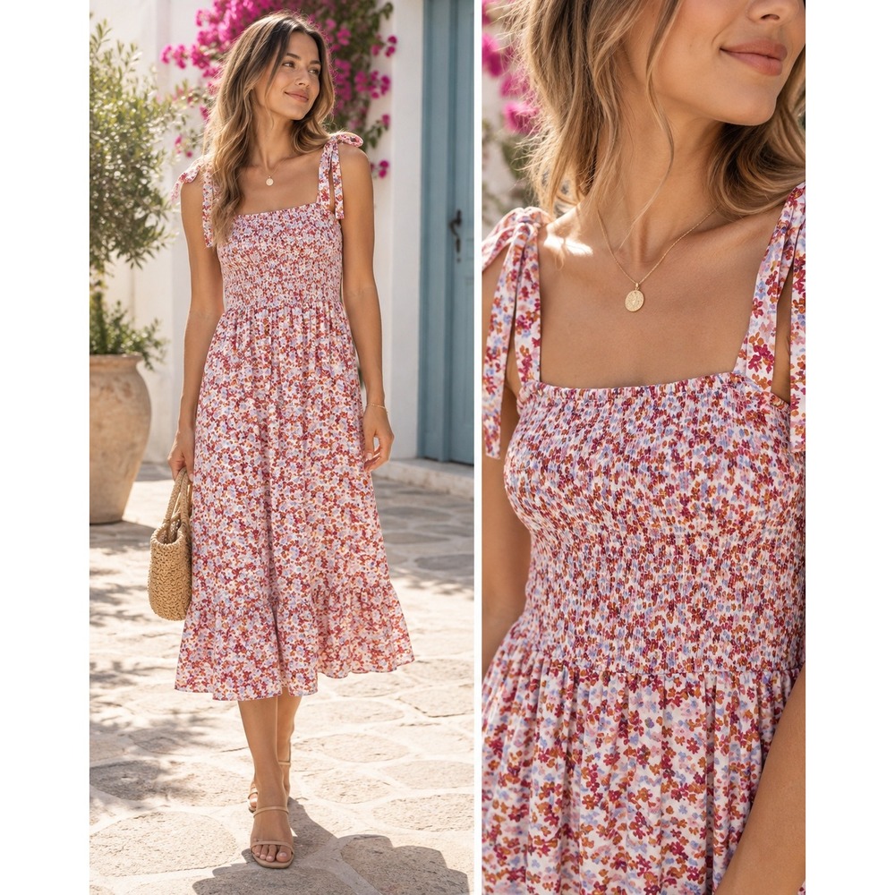 Jessica Simpson Rayon Smocked Midi Dress Tie Strap Pink Orange Size M #416